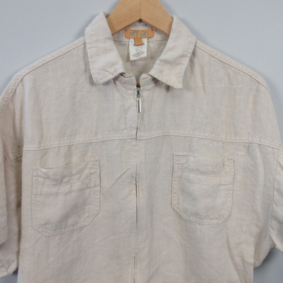 VRG GRL Zip Up Cropped Shirt Women 12 Beige 100% Linen Collared Top Casual 252 - Picture 5 of 8